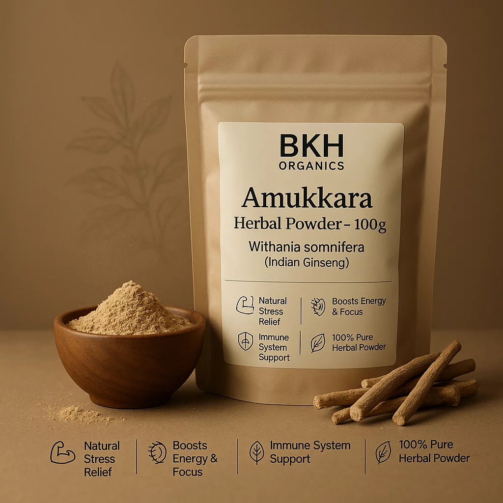 BKH Organics Amukkara Herbal Powder packaging with a bowl of powder and sticks on a brown background, Indian Ginseng