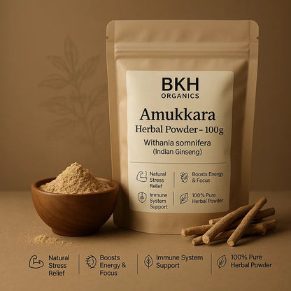 BKH Organics Amukkara Herbal Powder packaging with a bowl of powder and sticks on a brown background, Indian Ginseng