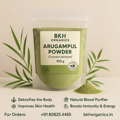 BKH Organics Arugampul Powder packaging with text on a beige background, Cynodon dactylon