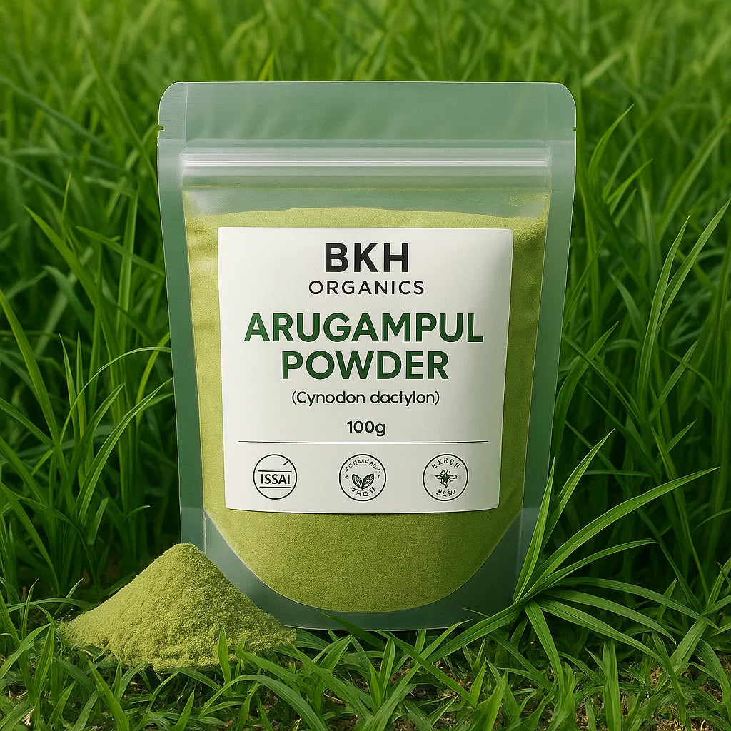 BKH Organics Arugampul Powder packaging on grass, Cynodon dactylon