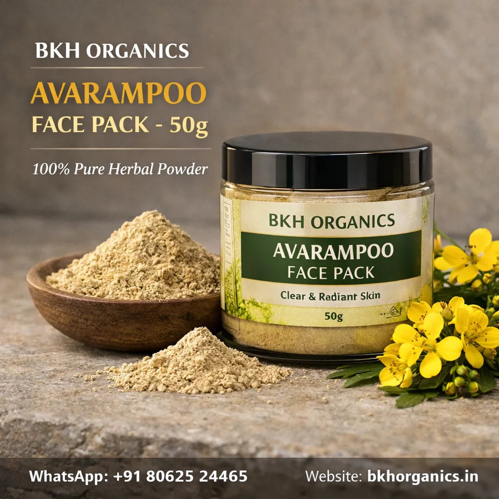 BKH Organics Avaram poo Face Pack with powder and flowers on a stone surface