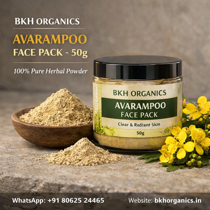 BKH Organics Avaram poo Face Pack with powder and flowers on a stone surface