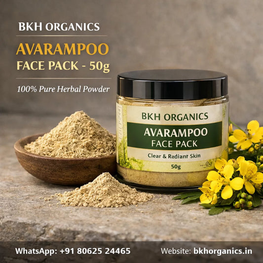 BKH Organics Avaram poo Face Pack with powder and flowers on a stone surface
