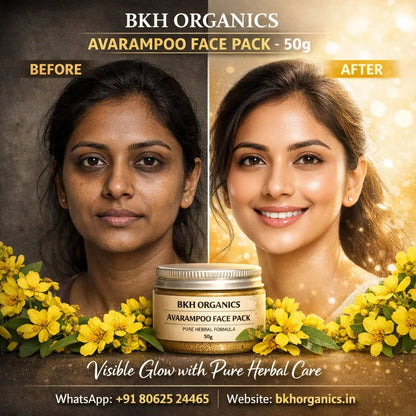 BKH Organics Avarampoo Face Pack advertisement showing a before and after effect on a woman's face.
