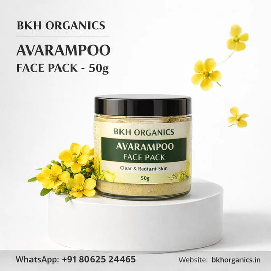 BKH Organics Avarampoo Face Pack jar with yellow flowers on a white background