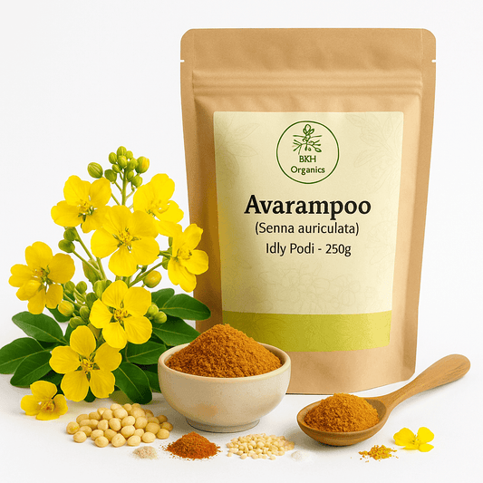 BKH Organics Avarampoo packaging with yellow flowers and spices on a white background