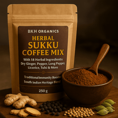 BKH Organics Herbal Sukku Coffee Mix packaging with a bowl of coffee powder and ingredients on a wooden surface. Immunity booster