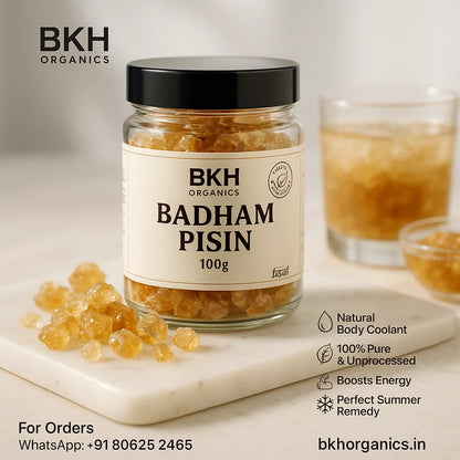 Jar of BKH Organics Badham Pisim on a marble surface with product details.
