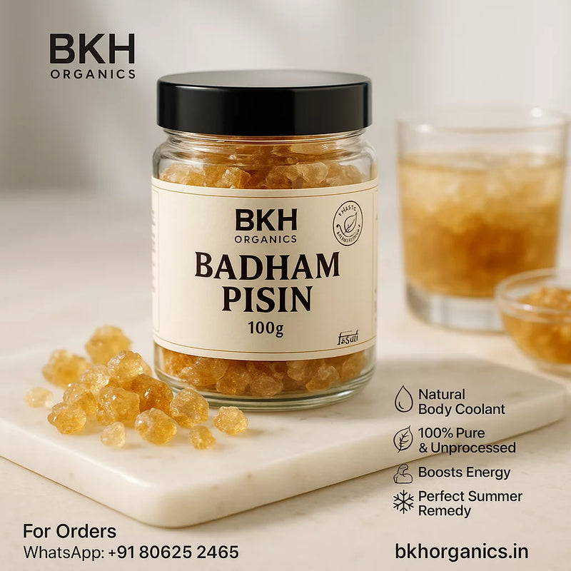 Jar of BKH Organics Badham Pisim on a marble surface with product details.