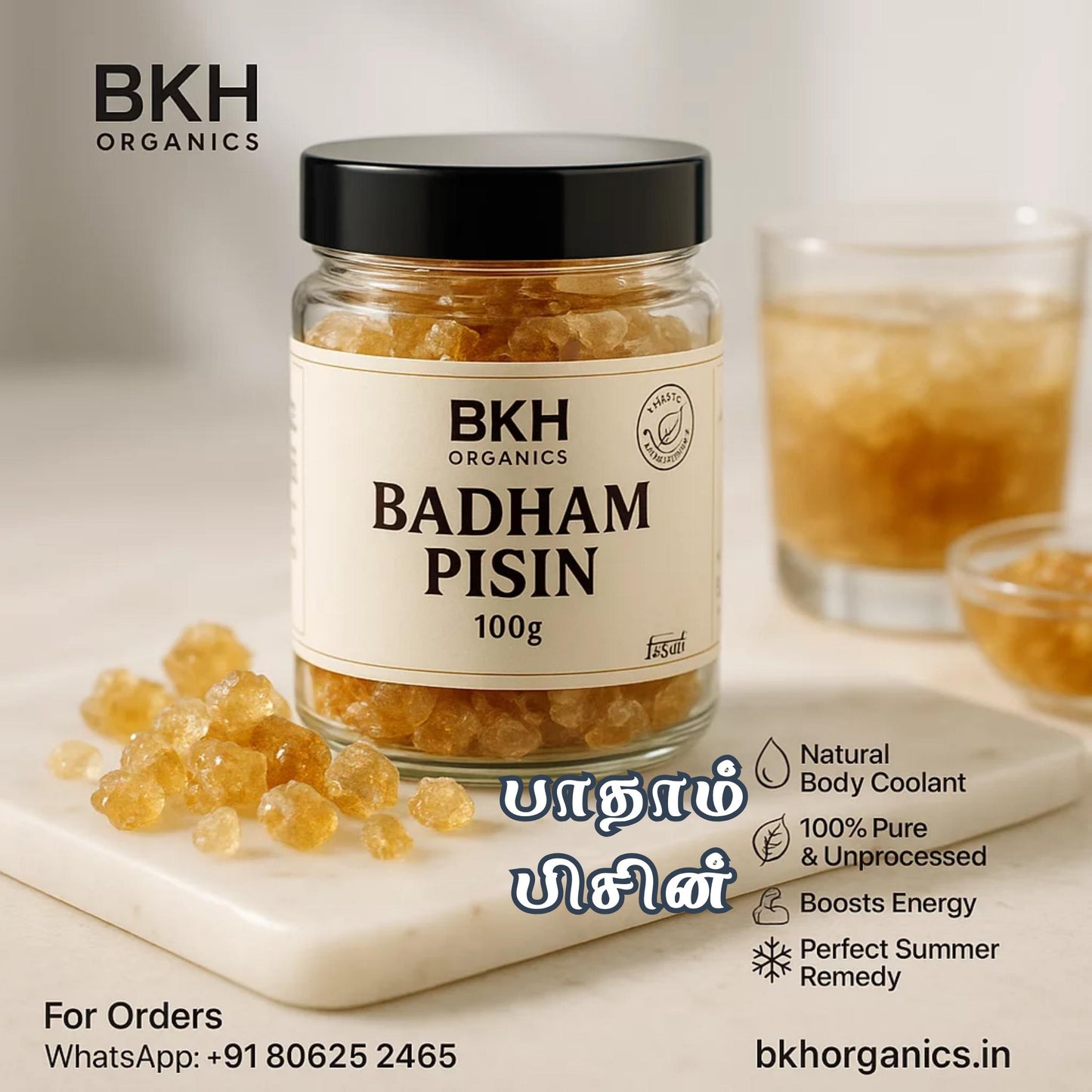 BKH Organics Badham Pisin jar with product and branding details on a light background