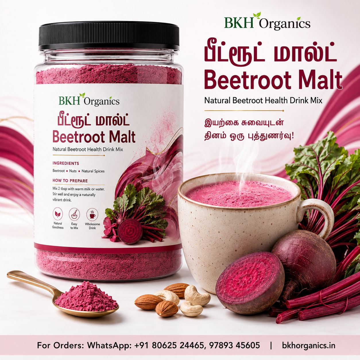 A jar of BKH Organics Beetroot Malt natural beetroot health drink mix, shown alongside a cup of pink drink, fresh beetroots, greens, and nuts on a white background with promotional text.