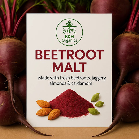 BKH Organics Beetroot Malt packaging with beetroot, almonds, and cardamom on a beige background