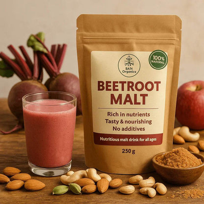 Beetroot malt package with a glass of beetroot juice and ingredients on a wooden surface
