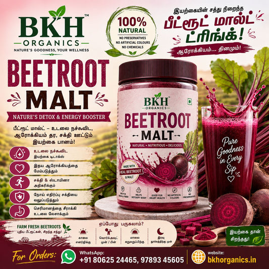 BKH Organics Beetroot Malt supplement with a glass of beetroot juice and beetroot slices on a pink background.