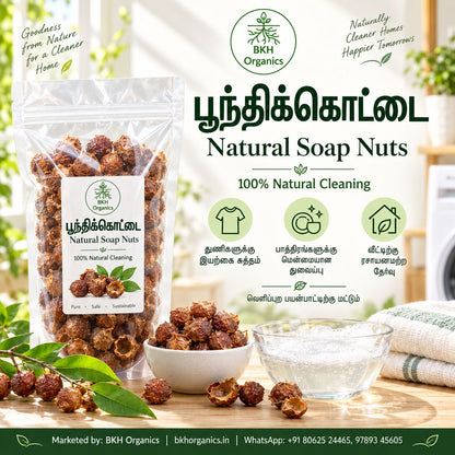 A clear stand-up pouch of BKH Organics Natural Soap Nuts stands on a wooden surface with a small bowl and glass dish of the nuts in front. The scene includes green leaves, a folded towel, and marketing text on a bright white background with a softly blurred kitchen-like setting.