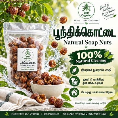 A clear stand-up pouch of BKH Organics Natural Soap Nuts is shown on a styled background with soap nuts hanging from branches, a small bowl of the nuts, and promotional text in English and Tamil. The image includes marketing claims such as '100% Natural Cleaning' and product branding.