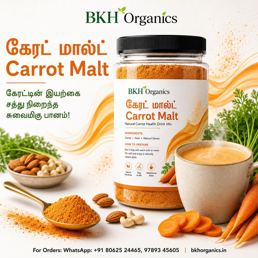 BKH Organics Carrot Malt drink mix in a clear plastic jar with a black lid, surrounded by carrots, a cup of the drink, nuts, and a spoonful of orange powder on a white background with decorative text.