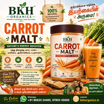 BKH Organics Carrot Malt product with branding and product details on a colorful background