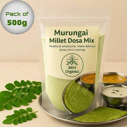 Pack of Murungai Millet Dosa Mix from BKH Organics with dosa and chutneys on a beige background