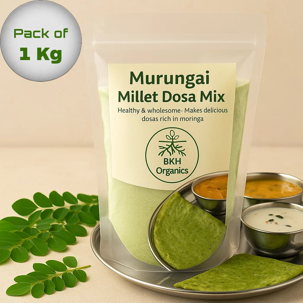 Pack of Murungai Millet Dosa Mix from BKH Organics with dosa and chutneys on a beige background