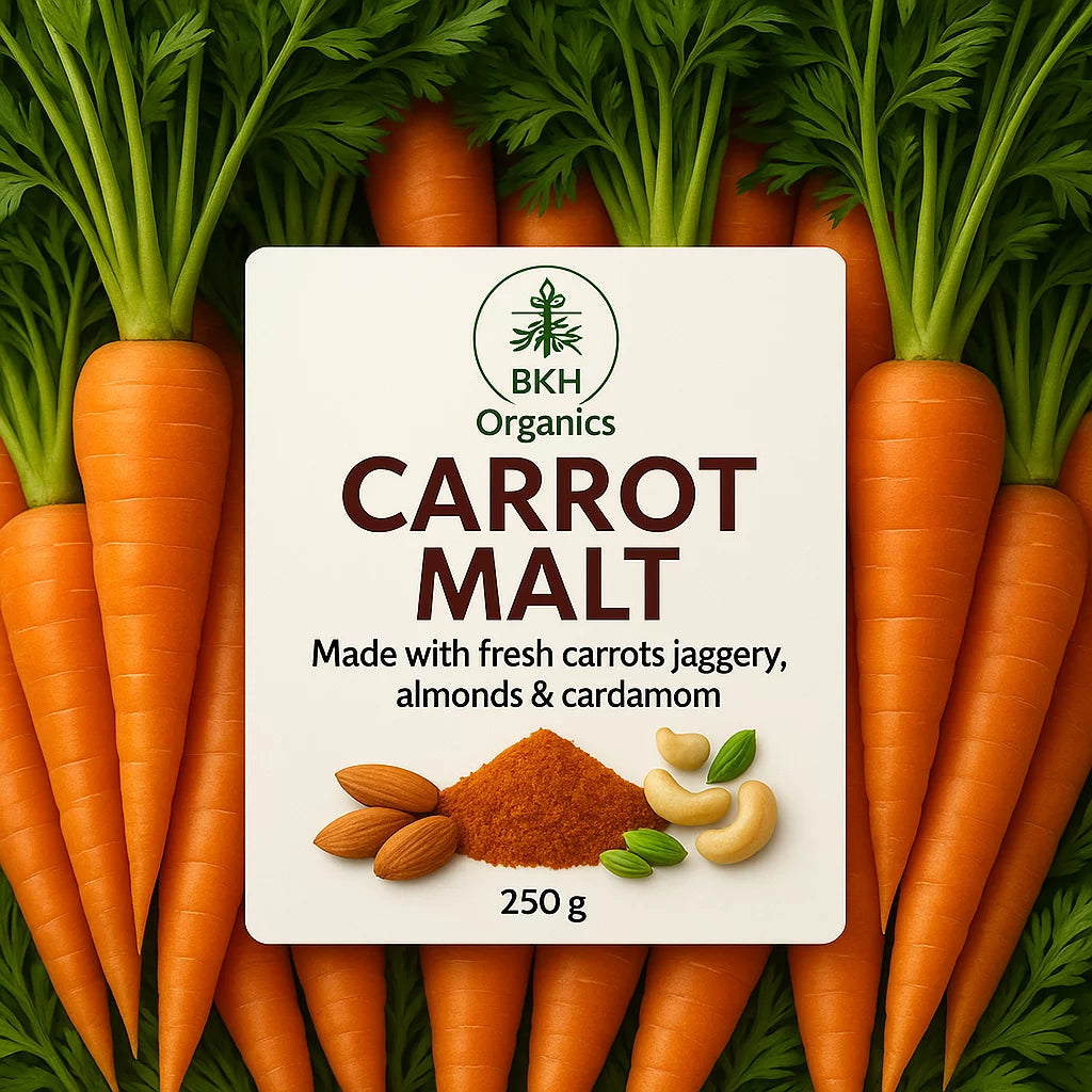 BKH Organics Carrot Malt packaging surrounded by carrots