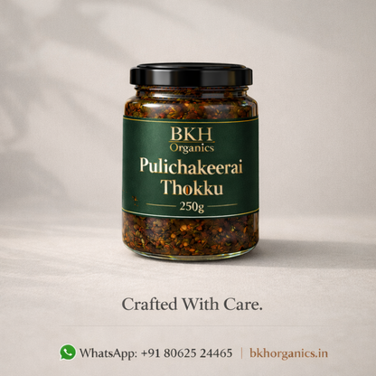 Jar of BKH Organics Pulichakeerai Thokku on a light gray background