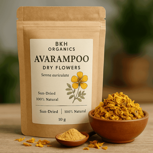BKH Organics Avaram poo dry flowers packaging with flowers in a bowl on a wooden surface
