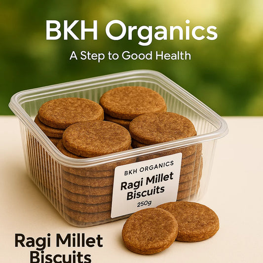BKH Organics Ragi Millet Biscuits in a clear container with a green blurred background