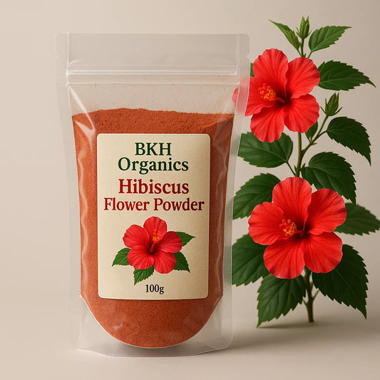 BKH Organics Hibiscus Flower Powder package with red flowers on a beige background