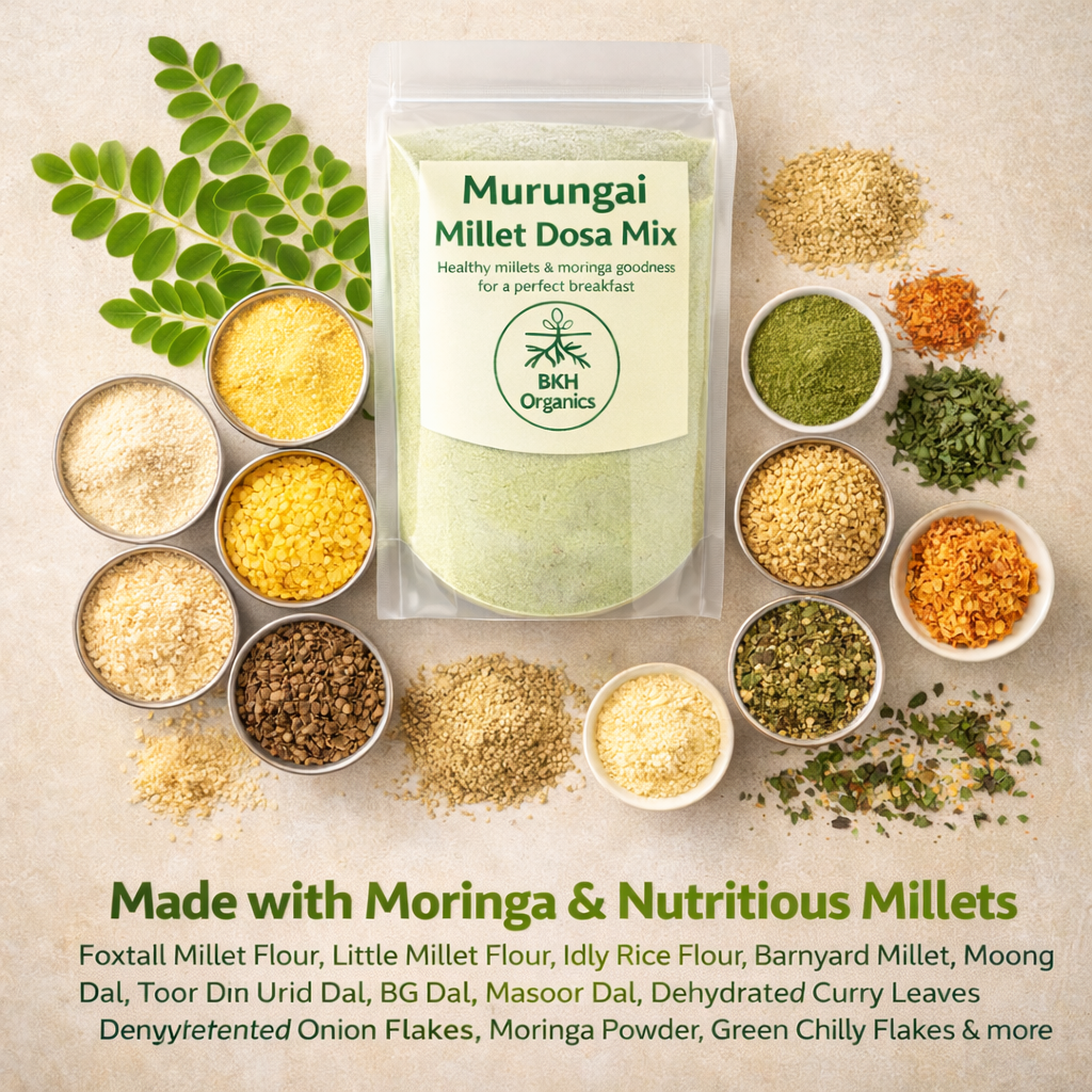 BKH Organics Murungai Millet Dosa Mix packaging with various ingredients on a beige background