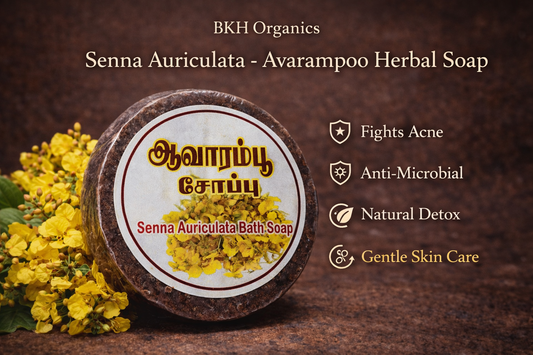 Senna Auriculata Avarampoo Herbal Soap with yellow flowers on a brown background