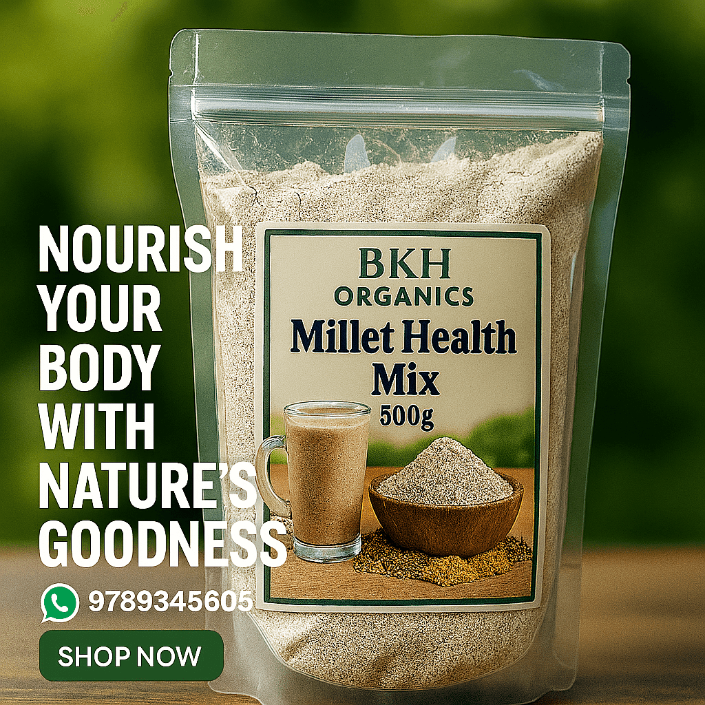 BKH Organics Millet Health Mix packaging with text promoting health benefits Millet Health Mix 500g - BKH Organics
