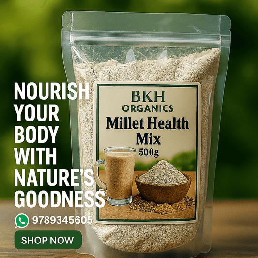 BKH Organics Millet Health Mix packaging with text promoting health benefits Millet Health Mix 500g - BKH Organics