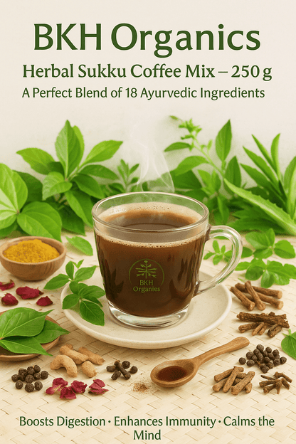 BKH Organics Herbal Sukku Coffee Mix packaging with a cup of coffee and Ayurvedic ingredients.