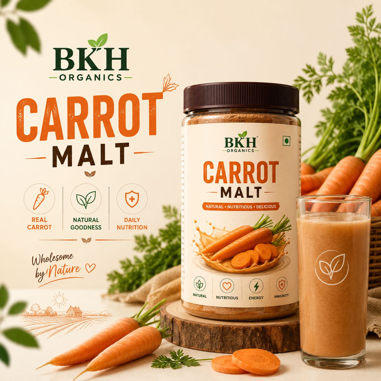 BKH Organics Carrot Malt packaging with carrots and a glass of juice on a light background