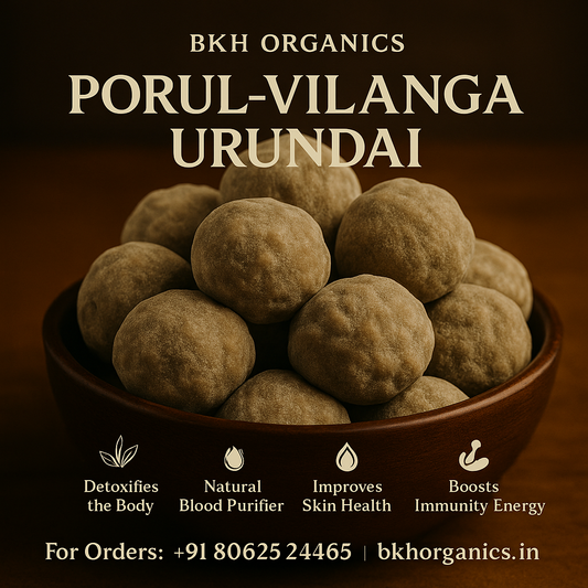 Bowl of Porul-Vilanga Urundai with promotional text on a dark background