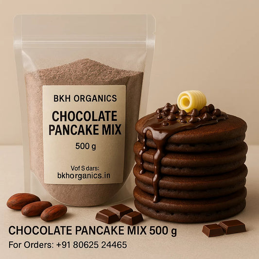 BKH Organics chocolate pancake mix packaging with a stack of chocolate pancakes on a beige background