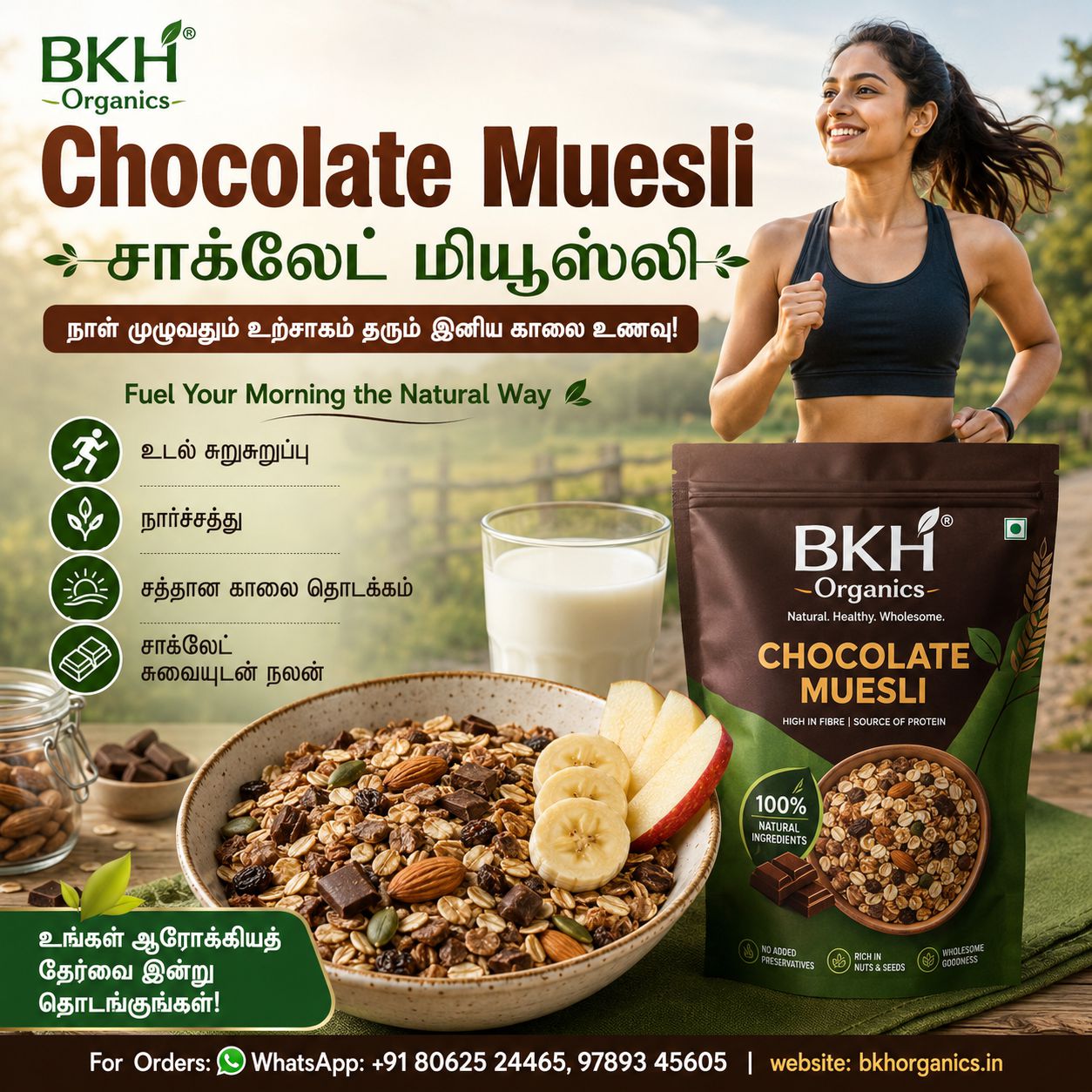 BKH Organics Chocolate Muesli package with a woman running outdoors, promoting a healthy lifestyle.