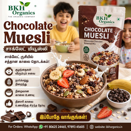 BKH Organics Chocolate Muesli with a bowl of muesli, chocolate chips, and strawberries on a table.