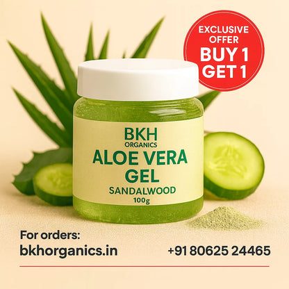 BKH Organics Aloe Vera Gel jar with aloe vera leaves and cucumbers on a beige background