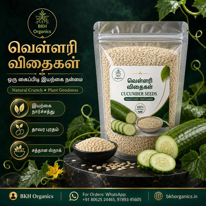 A stand-up pouch of BKH Organics cucumber seeds displayed on a dark green promotional background with cucumber slices, seeds, and decorative leaves. The pouch label reads 'Cucumber Seeds' and includes product benefits in English and Tamil.