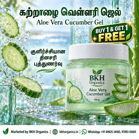 BKH Organics Aloe Vera Cucumber Gel (தமிழ்: கற்றாழை வெள்ளரி ஜெல், తెలుగు: కలబంద దోసకాయ జెల్, ಕನ್ನಡ: ಲೋಳೆಸರ ಸೌತೆಕಾಯಿ ಜೆಲ್, മലയാളം: കറ്റാർവാഴ വെള്ളരിക്ക ജെൽ, ತುಳು: ಲೋಳೆಸರ ತೆಕ್ಕರೆ ಜೆಲ್) jar with splashing water, fresh cucumber slices, and cut aloe vera leaves