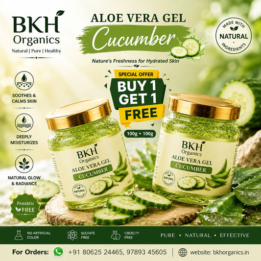 BKH Organics Aloe Vera Gel Cucumber with promotional offer on a green background
