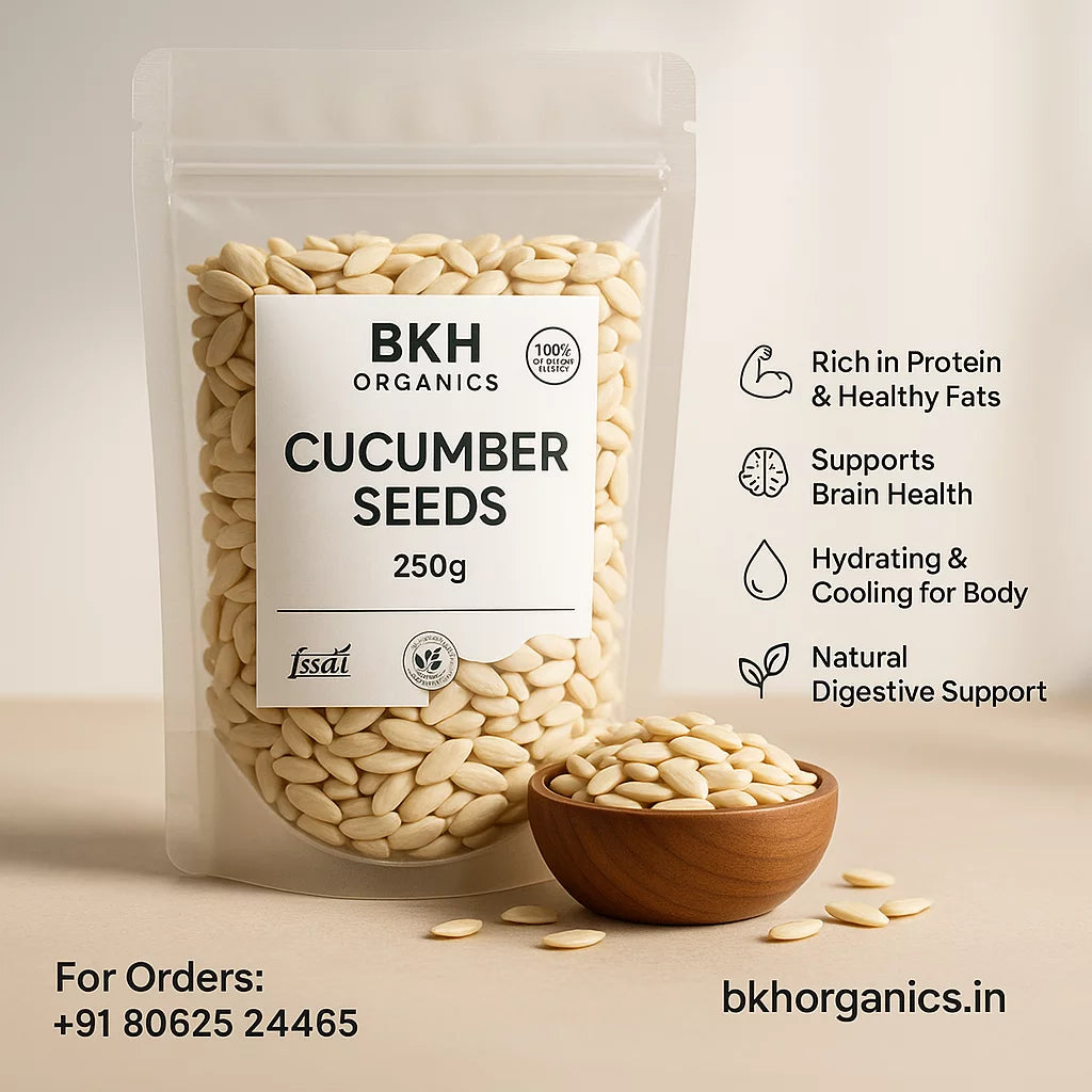 BKH Organics cucumber seeds package with seeds in a bowl on a light background