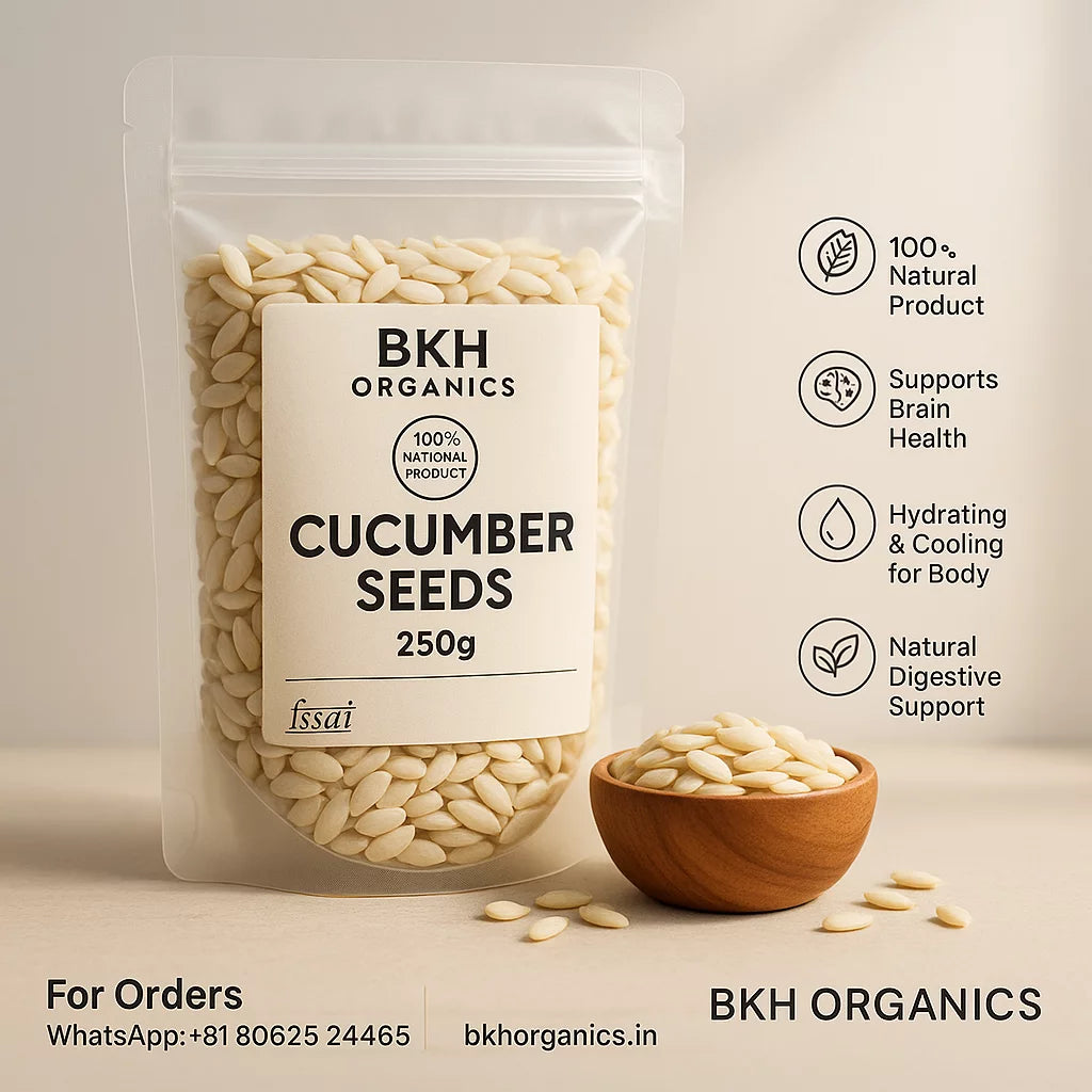 BKH Organics cucumber seeds packaging with product details on a neutral background