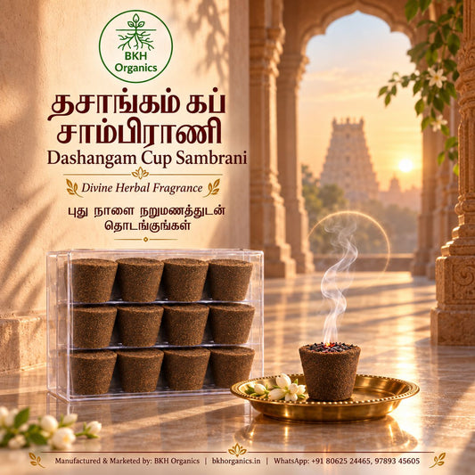 BKH Organics Dashangam Cup Sambrani divine herbal fragrance advertisement showing a clear box of brown compressed herbal packets and a single burning packet on a brass dish, with glowing blue-white smoke and a lotus motif against a starry night sky background.