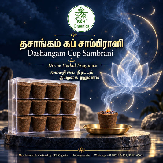BKH Organics Dashangam Cup Sambrani divine herbal fragrance advertisement showing a clear box of brown compressed herbal packets and a single burning packet on a brass dish, with glowing blue-white smoke and a lotus motif against a starry night sky background.