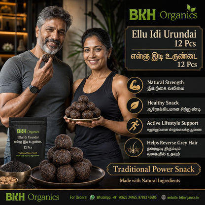 Man and woman holding BKH Organics Ellu Idi Urundai with product details on a dark background