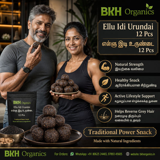 Man and woman holding BKH Organics Ellu Idi Urundai with product details on a dark background