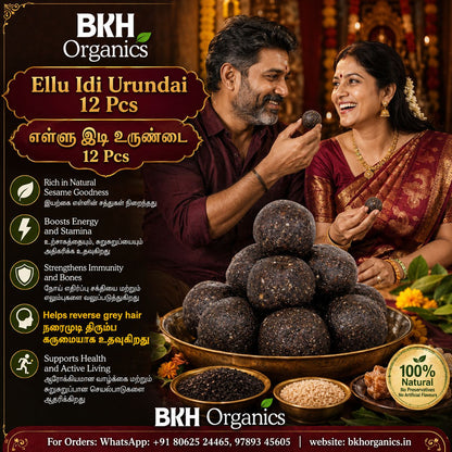BKH Organics Ellu Idi Urundai with a couple holding black sesame balls.